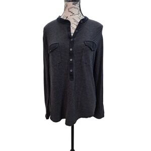 Relativity Women's Henley Top Large Gray Striped Button Roll Tab Sleeve Boho